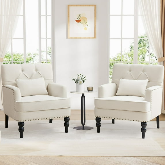 Set of 2 Arm Chair Upholstered Button Tufted Accent Chair with Lumbar Pillow Beige/ Grey/ Light Blue Beige
