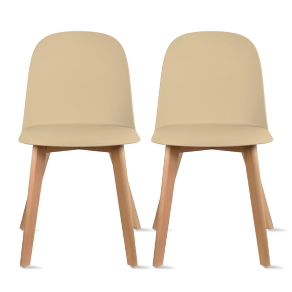 Set of 2 Armless Plastic Dining Chair Wood Legs for Dining Room Plastic Molded Seat, Beige