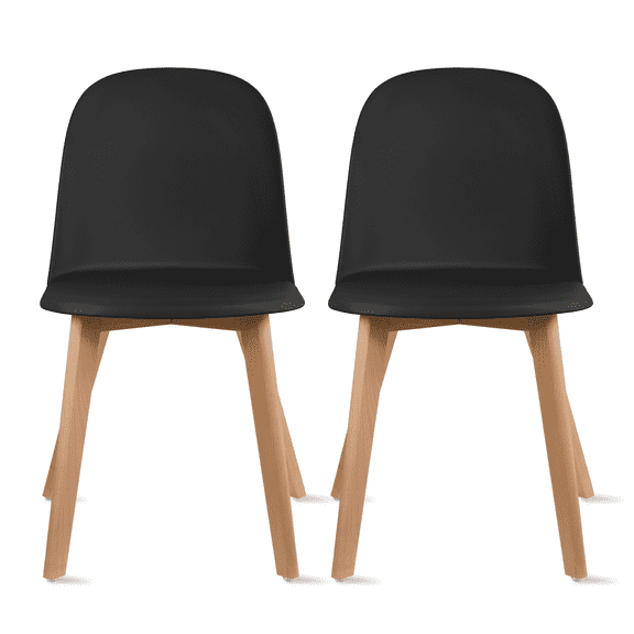 Set of 2 Armless Plastic Dining Chair Wood Legs for Dining Room Plastic Molded Seat, Black