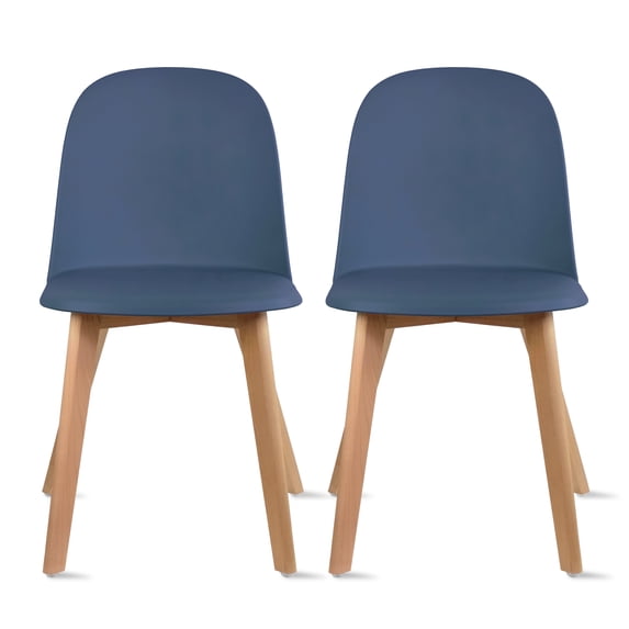 2xhome Set of 2 Modern Armless Dining Chairs | Plastic Shell Seat with Wooden Legs | Indoor or Outdoor Use | Home Kitchen Patio, Blue