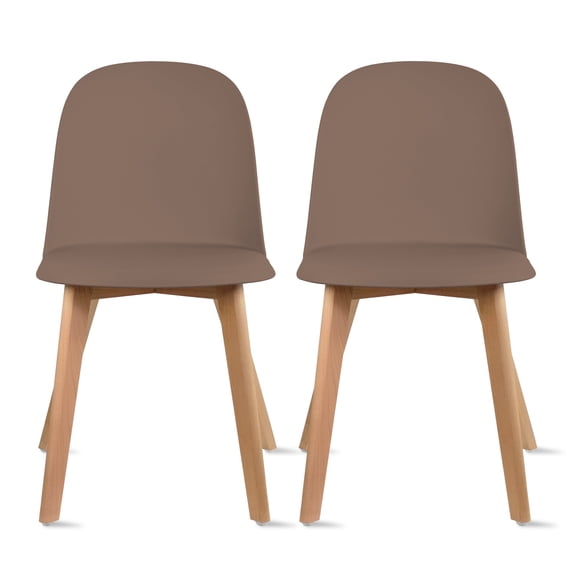 Set of 2 Armless Plastic Dining Chair Wood Legs for Dining Room Plastic Molded Seat, Brown