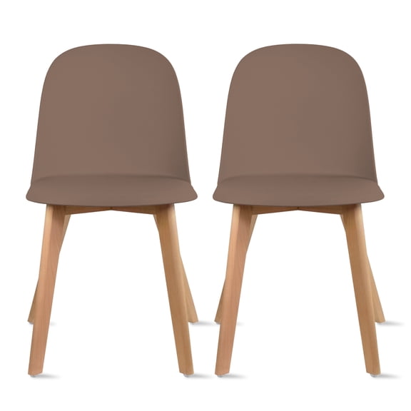 Set of 2 Armless Plastic Dining Chair Wood Legs for Dining Room Plastic Molded Seat, Brown
