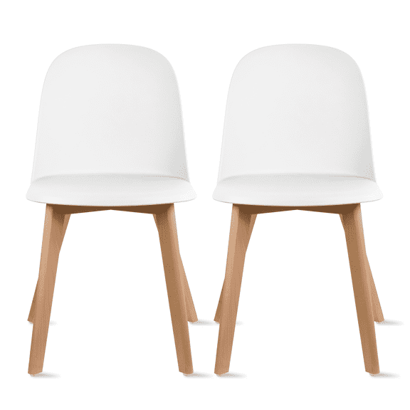 Set of 2 Armless Plastic Dining Chair Wood Legs for Dining Room Plastic Molded Seat, White