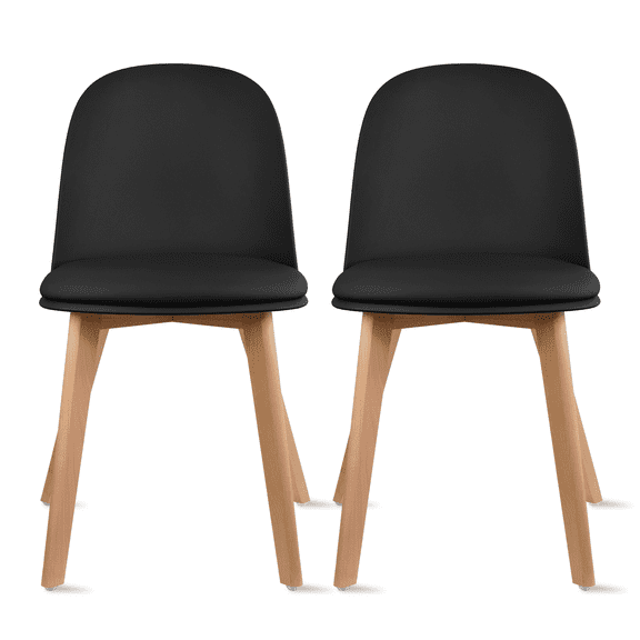 Set of 2 Armless Plastic Dining Chair Wood Legs for Dining Room Plastic Molded Seat With Cushion, Black