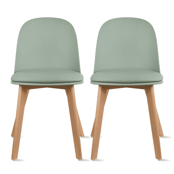Set of 2 Armless Plastic Dining Chair Wood Legs for Dining Room Plastic Molded Seat With Cushion, Green