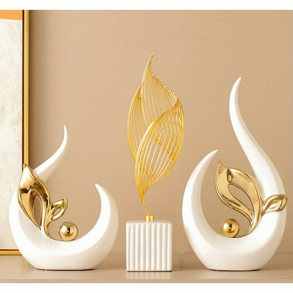 Set of 2 Art Deco Resin Sculptures, Flame-Shaped Statues with Golden Accents, Abstract Tabletop Decor for Living Room, Entryway, Home & Office