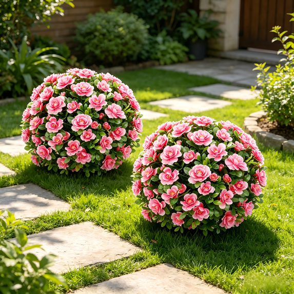 Set of 2 Artificial Azalea Topiary Balls with Stake, 23.6" UV Protected Fake Azalea Plant for Outdoor Garden Patio Decor