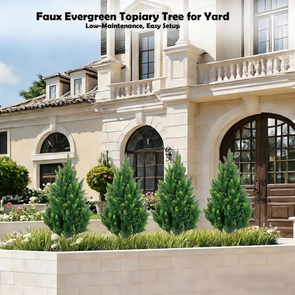 Set of 2 Artificial Cedar Topiary Trees with Pots, Realistic Fake Pine Shrubs for Indoor Outdoor Home Decor