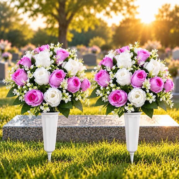 Set of 2 Artificial Cemetery Flowers with Vase, Grave Memorial Flowers, Realistic Silk Rose Bouquet for Headstones, Cemetery Gravesite Decorations, Outdoor Memorial Decor, Memorial Day