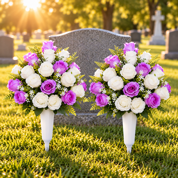 Set of 2 Artificial Cemetery Flowers with Vase, Grave Memorial Flowers, Realistic Silk Rose Bouquet for Headstones, Cemetery Gravesite Decorations, Outdoor Memorial Decor, Memorial Day