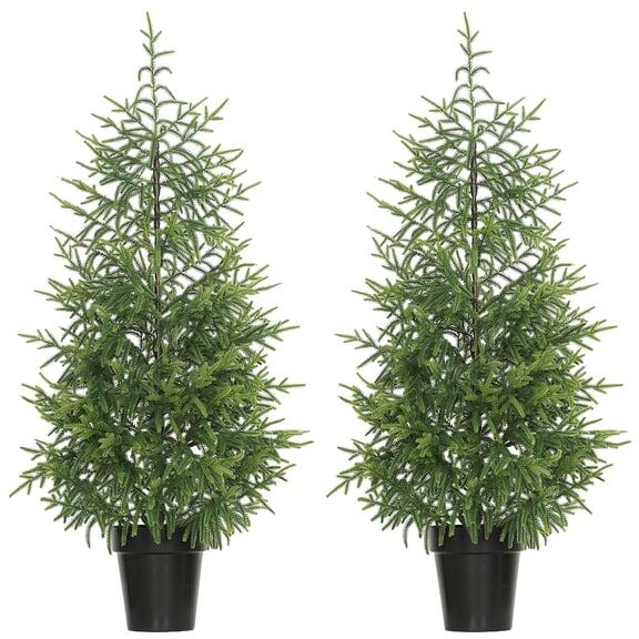 Set of 2 Artificial Christmas Trees 4 ft Norfolk Pine Xmas Tree with 133 Molded Tips and Pot Base Easy Assembly Green