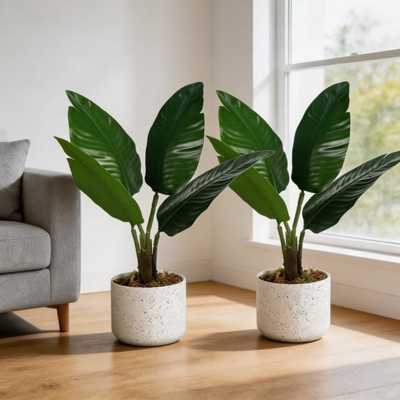 Set of 2 Artificial Fiddle Leaf Fig Trees Realistic Faux Greenery in White Marble-Look Pots Maintenance-Free Decorative Home Office