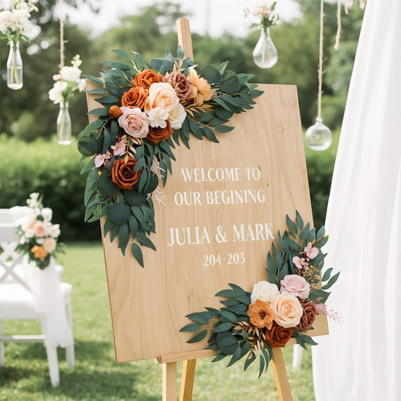 Set of 2 Artificial Flower Swag for Wedding Welcome Signs Floral Decorations, Burnt Orange Wedding Arch Flowers for Wedding Ceremony