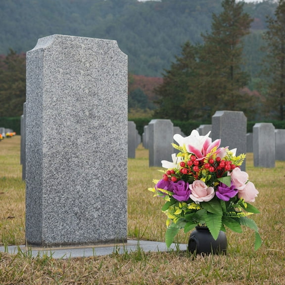 Set of 2 Artificial Memorial Flowers with Vase, Rose and Foliage Cemetery Arrangement for Outdoor Grave Decoration