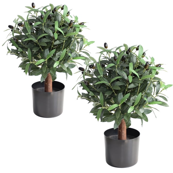 Set of 2 Artificial Olive Trees, 20 inch Faux Olive Ball Plant in Black Pots for Tabletop and Shelf Decor