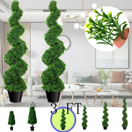 Set of 2 Artificial Spiral Boxwood with PE Leaves, 3 Ft Topiary Trees Artificial Outdoor Boxwood Plants, All-Year Green Fake Twisted Tree for Porch