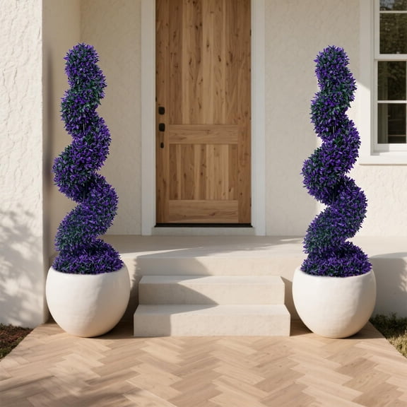Set of 2 Artificial Spiral Topiary Trees 120cm Purple Boxwood Faux Greenery, Durable Indoor Outdoor Home Decor Elegant Spiral Shape