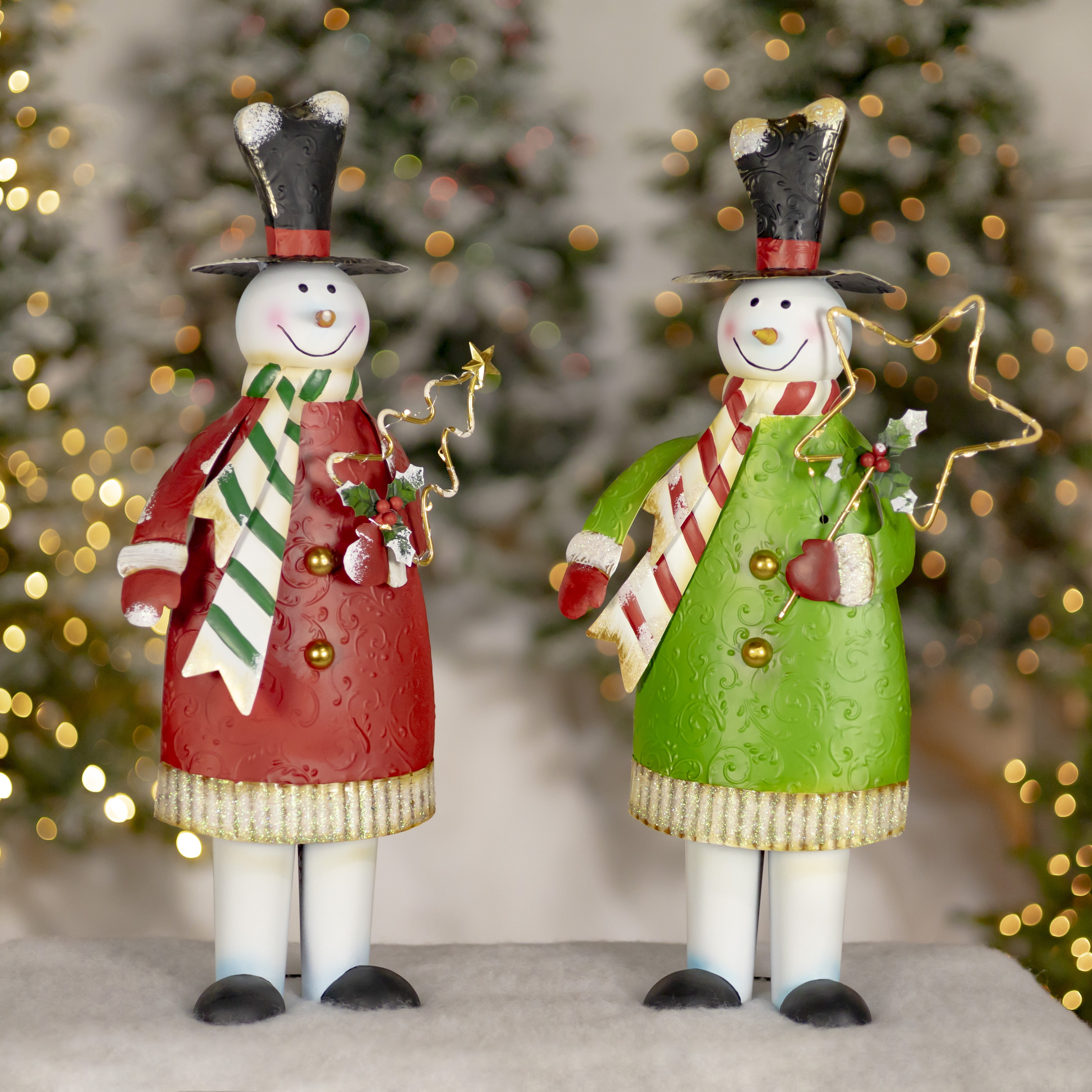 Set of 2 Tall Metal Snowmen Figurines with LED Lights