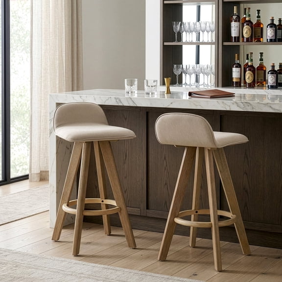 Set of 2 Asta Washed Wood Counter Stool with Low Back Fabric Seat