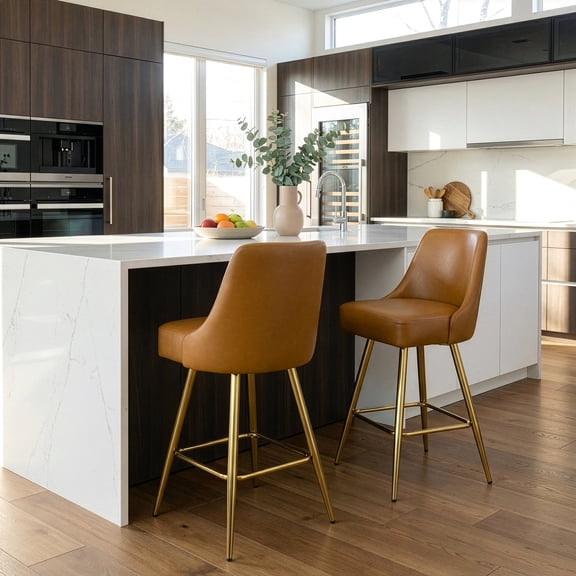 Set of 2 Auren Light Brown Upholstered Metal Frame Counter Stool with Golden Legs