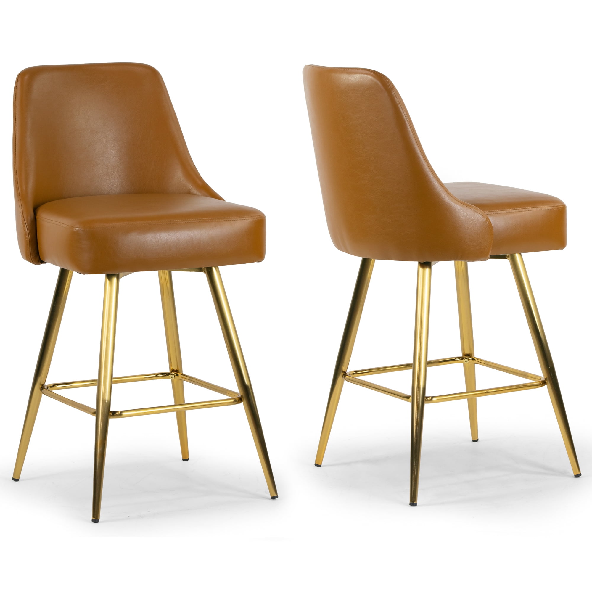 Set of 2 Light Brown Upholstered Iron Frame Counter Stools with Golden Legs