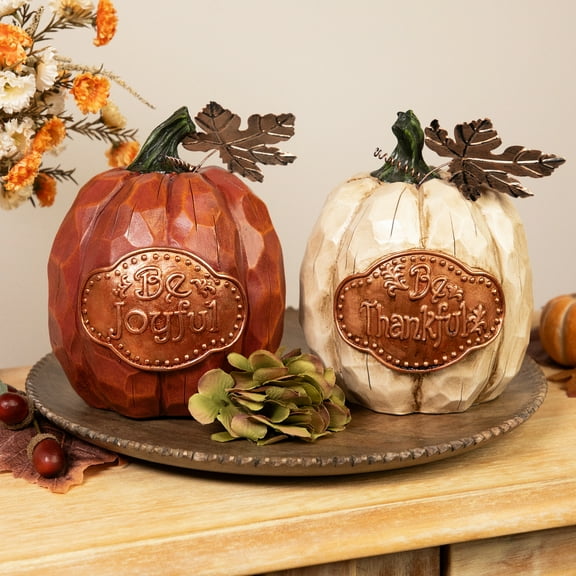 Northlight Fall Harvest "Be Joyful" "Be Thankful" Pumpkin Decorations - 7.75" - Set of 2