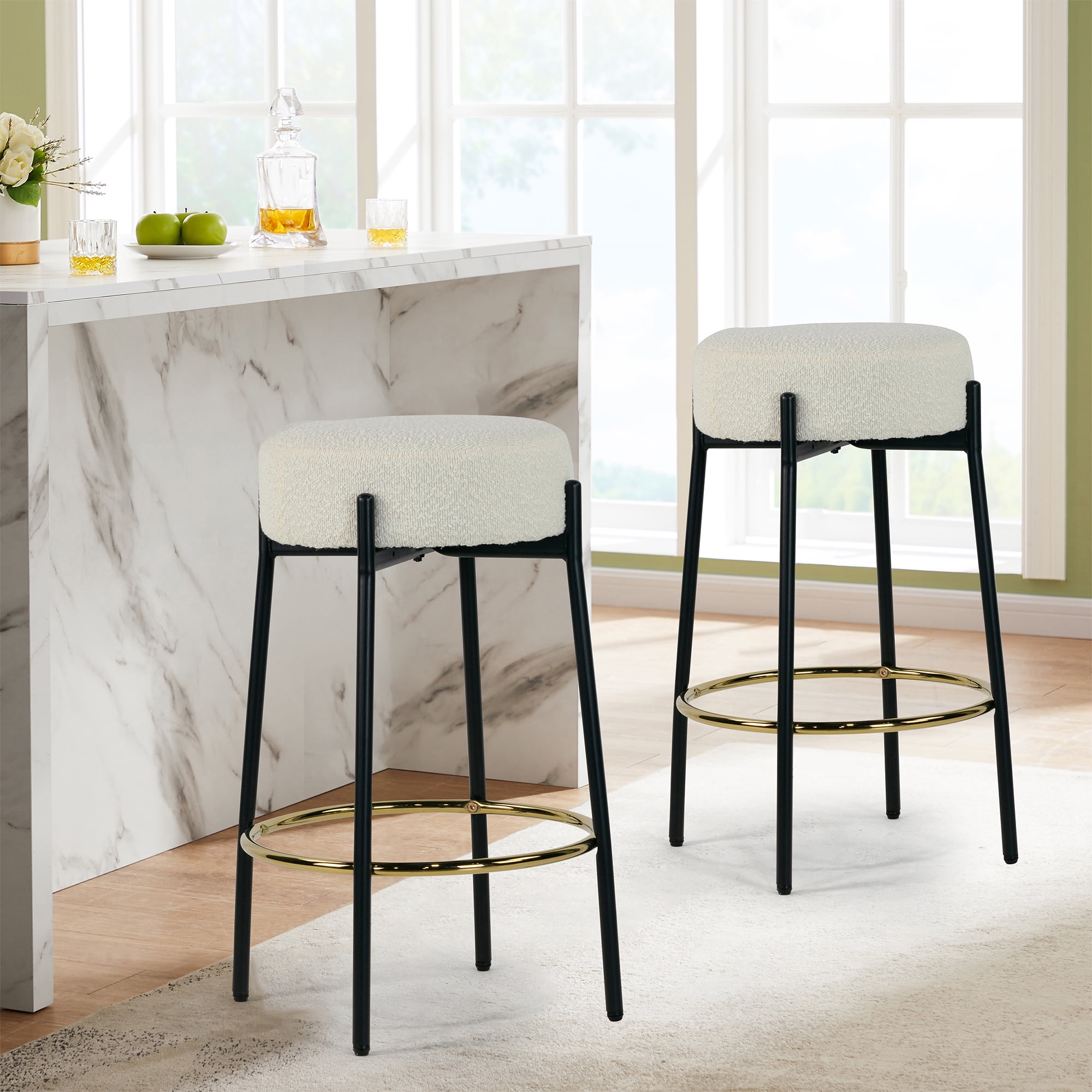 Set of 2 Avner Beige Boucle Backless Counter Stool with Black Metal ...