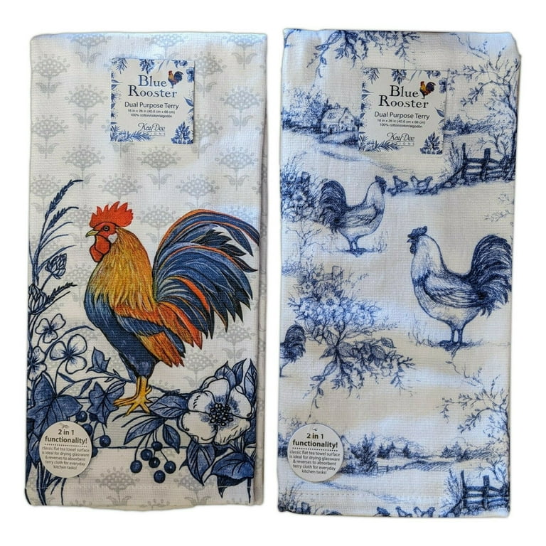 Set of 2 BLUE ROOSTER Floral Terry Kitchen Towels by Kay Dee Designs