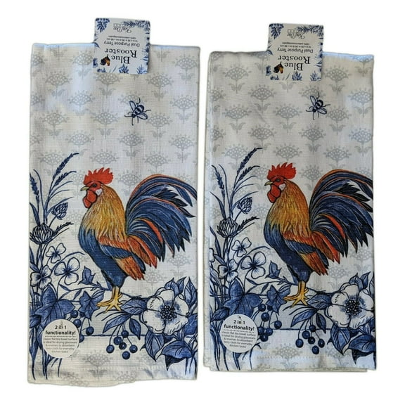Set of 2 BLUE ROOSTER Floral Terry Kitchen Towels by Kay Dee Designs
