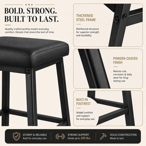 Set of 2 Backless Counter Height Bar Stools, 26" Square Upholstered Seat Rustic Black, Metal Frame with Footrest for Kitchen Island, Pub or Dining