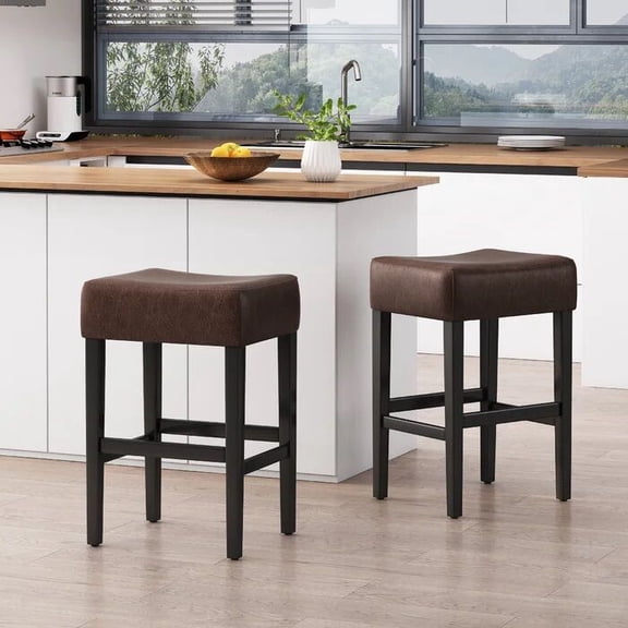 Set of 2 Backless Faux Leather Counter Height Barstools, 26.75 PU Stools for Kitchen Island, Dark Brown