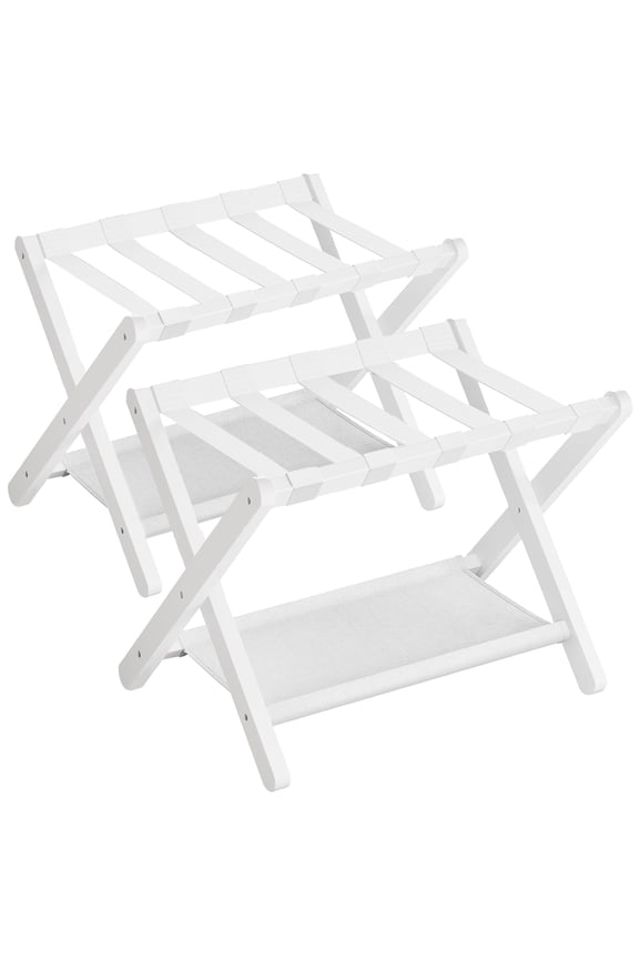 Set of 2 Bamboo Luggage Racks - Folding Suitcase Stands with Storage Shelf, 131 lb Capacity, for Guest Rooms, Cloud White