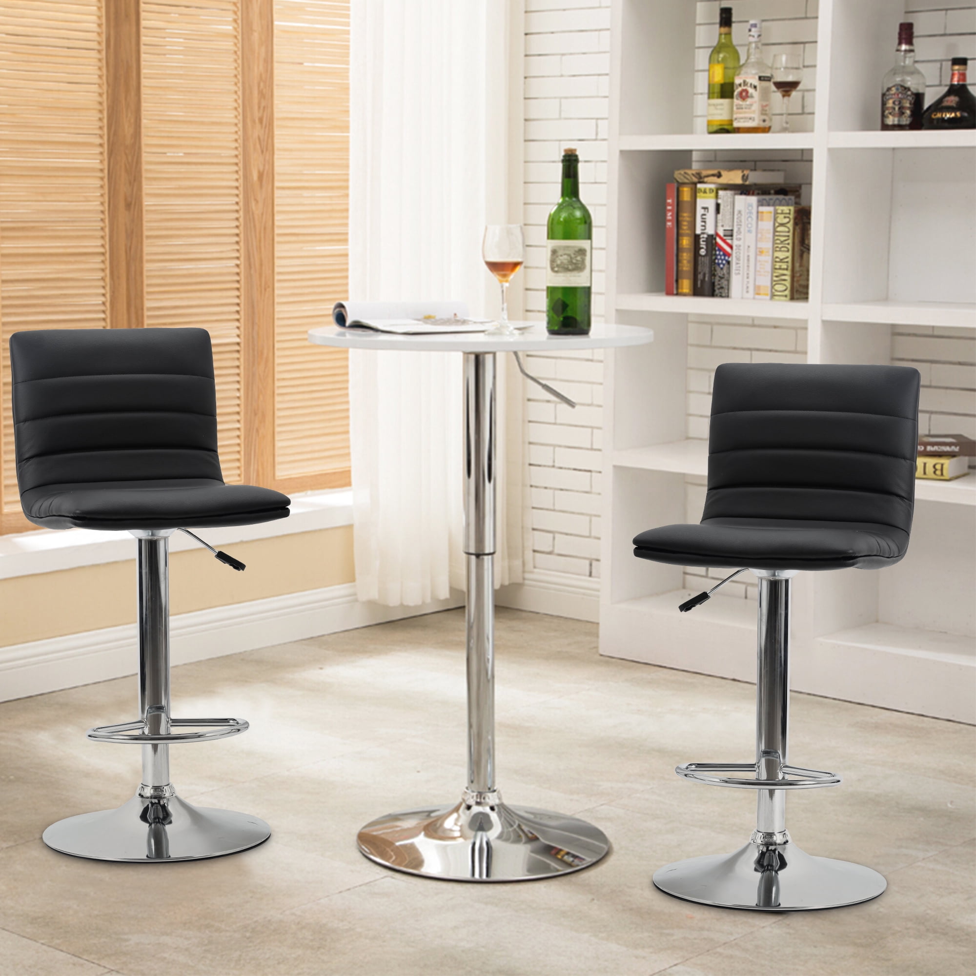 Set of 2 Bar Chairs Height Adjustable Counter Bar Stools with Cushion Black