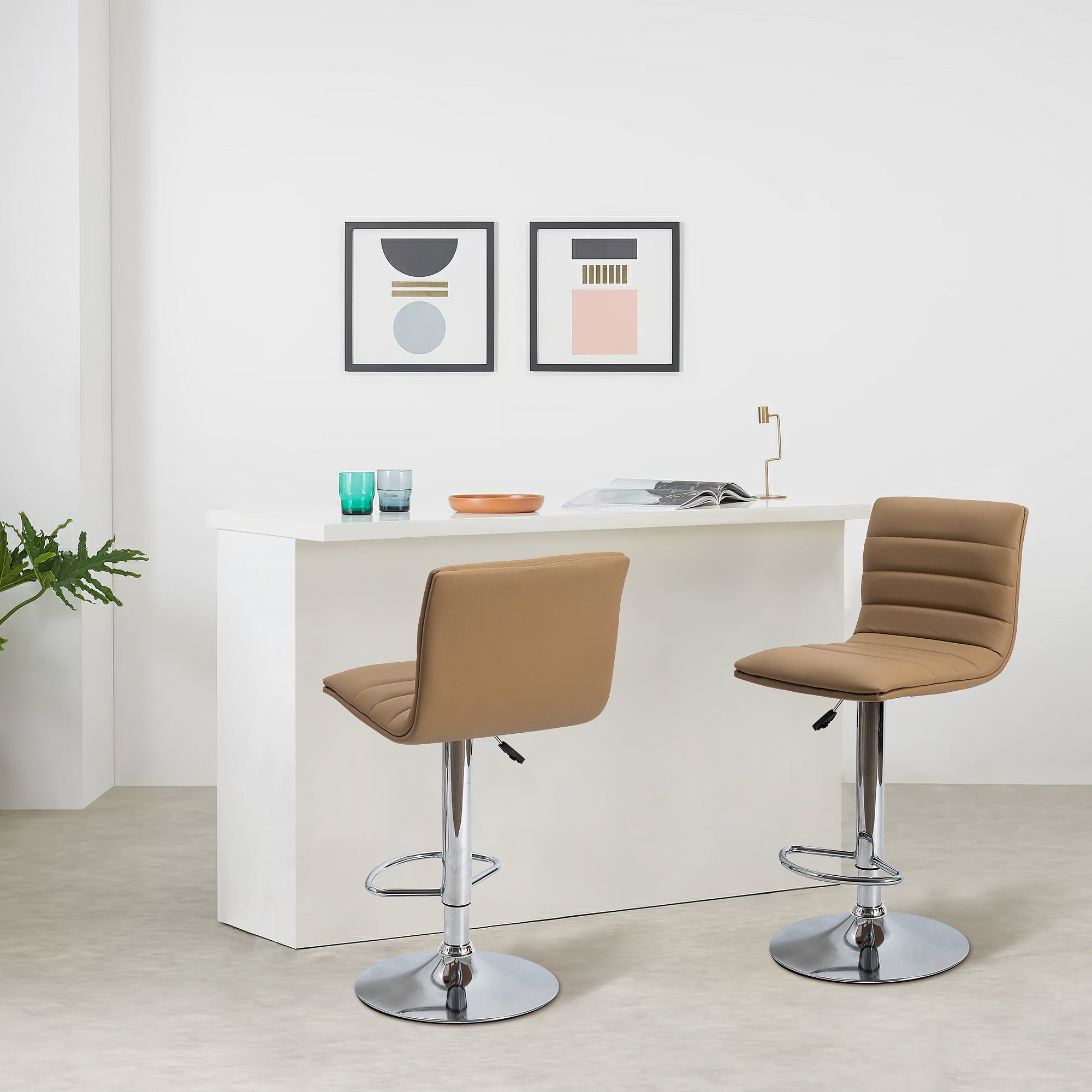 Set of 2 Bar Chairs Height Adjustable Counter Bar Stools with Cushion Brwon