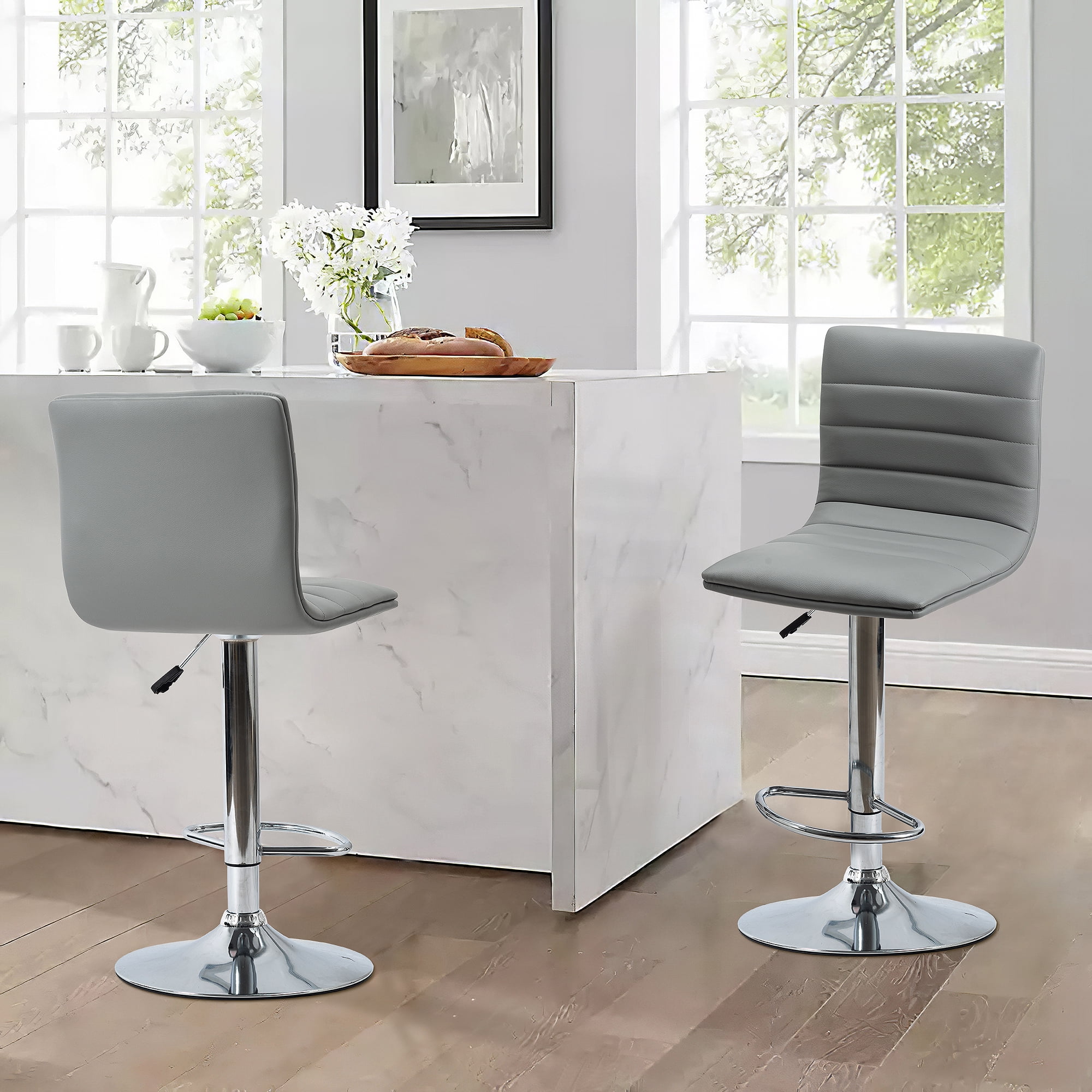 Set of 2 Bar Chairs Height Adjustable Counter Bar Stools with Cushion Grey