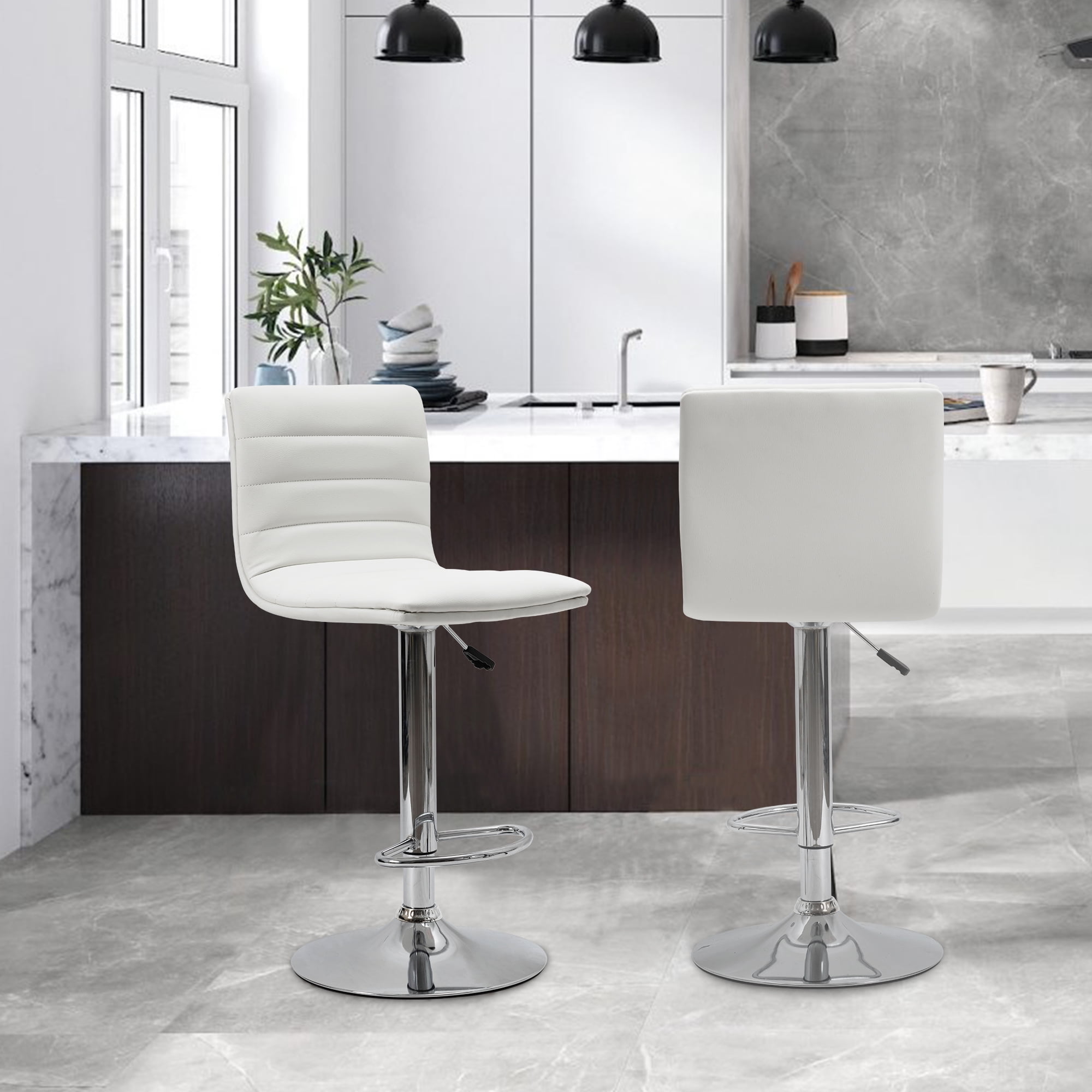Set of 2 Bar Chairs Height Adjustable Counter Bar Stools with Cushion White