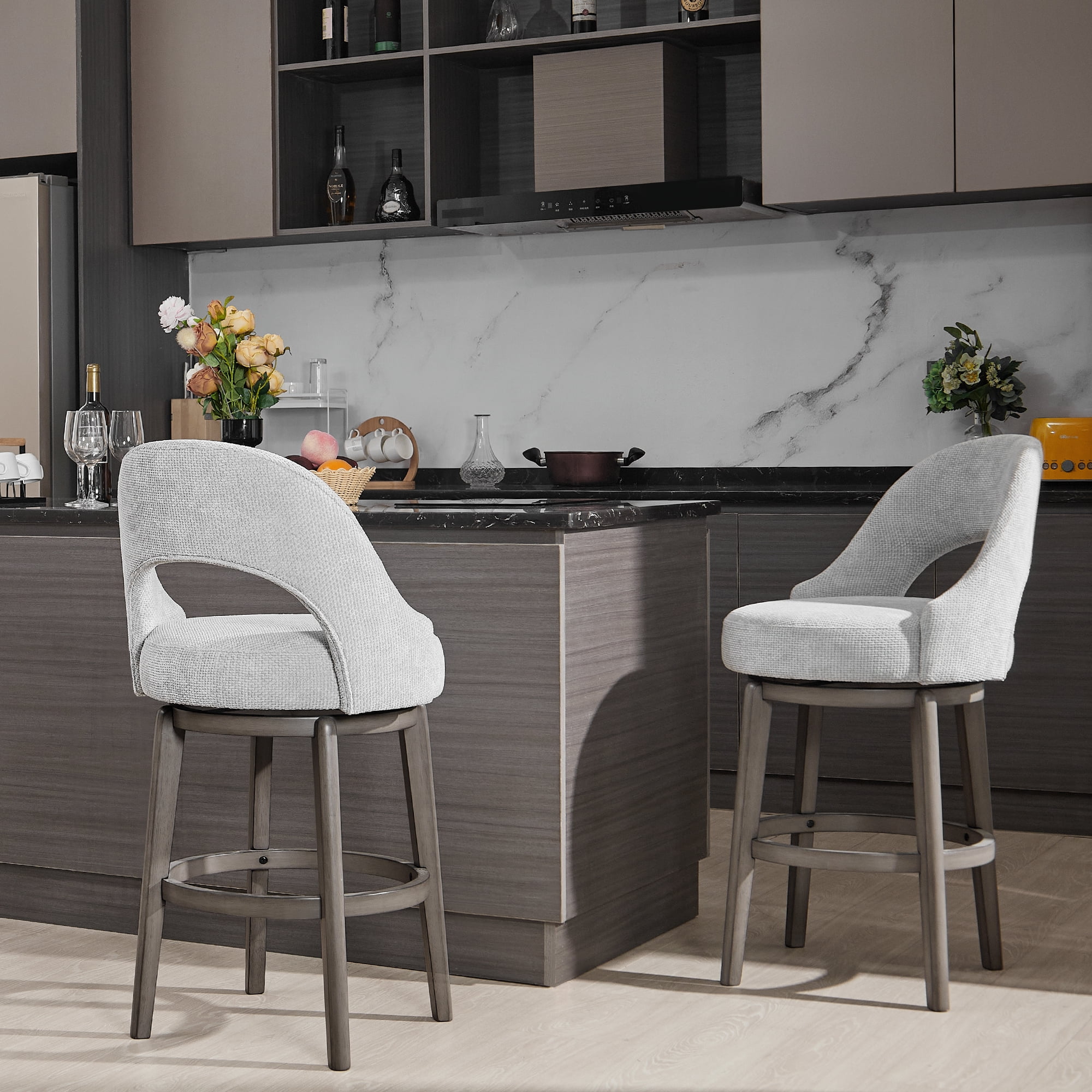 Set of 2 Bar Stools 26" Counter Height Swivel Barstools, Upholstered U-Shape Back Counter Stools for Kitchen Island, Home, Pub, Grey