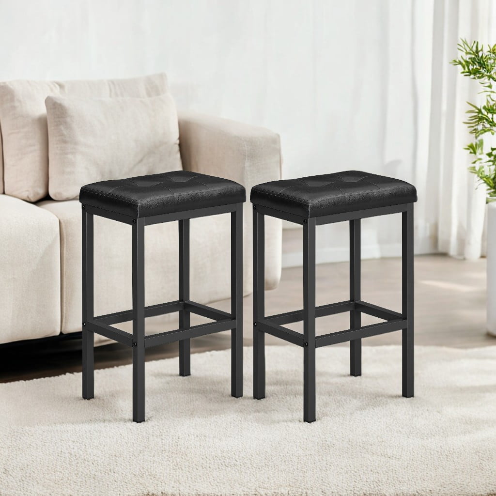 Black Metal and Leather Backless Bar Stools, Set of 2