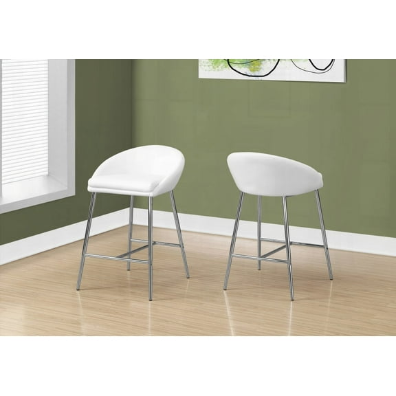 Set of 2 Bar Stools - Chrome Metal & White Leather Look, Contemporary Style, Kitchen Counter Height