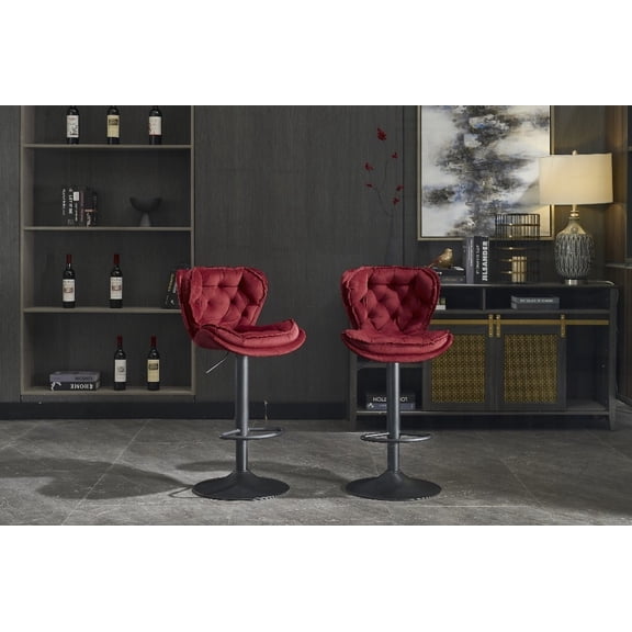 Set of 2 Bar Stools - Velvet with Powder Footrest & Base Swivel, Adjustable Height, RED