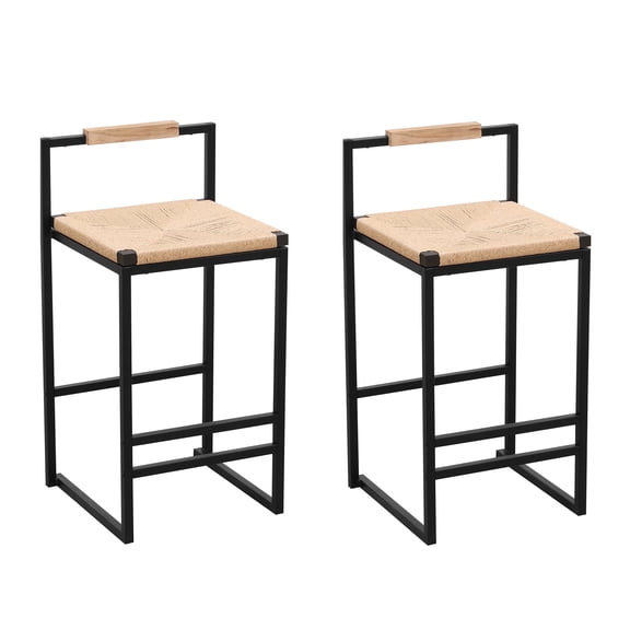 YIQMI Set of 2 Handwoven Paper Rope Bar Stools with Back Counter Height Dining Chairs with Black Metal Frame for Kitchen, Home Bar, Dining Room