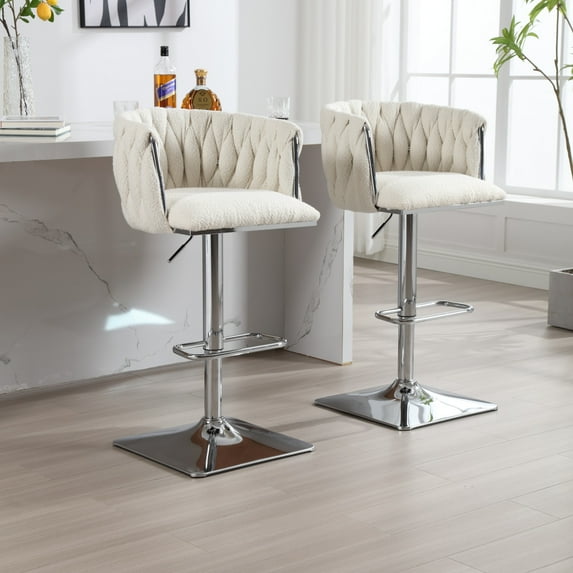 Set of 2 Bar Stools with Back and Footrest, Counter Height Dining Chairs, Upholstered Velvet Bar Stool for Island Dining Room Pub, Ivory