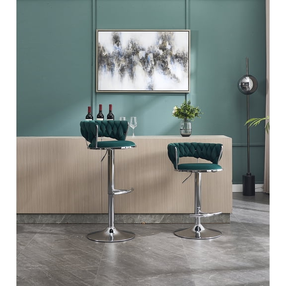 Set of 2 Bar Stools,with Chrome Footrest and Base Swivel Height Adjustable Mechanical Lifting Velvet + Chrome Leg Simple Bar Stool-GREEN