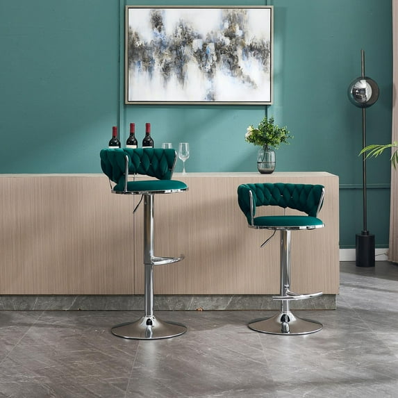 Set of 2 Bar Stools with Chrome Footrest and Base Swivel Height Adjustable Mechanical Lifting Velvet, Chrome Leg Simple Bar Stool (Green)