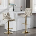 thumbnail image 1 of Set of 2 Blue Velvet Bar Stools - Swivel Height Adjustable with Chrome Footrest & Golden Legs, 1 of 9
