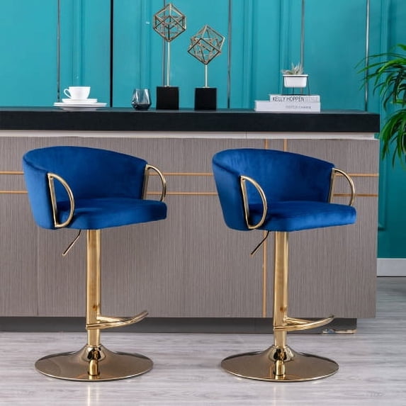 Set of 2 Bar Stools,with Chrome Footrest and Base Swivel Height Adjustable Mechanical Lifting Velvet + Golden Leg Simple Bar Stool-Navy