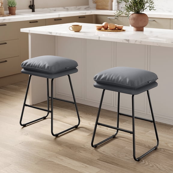Set of 2 Bar Stools with Padded Seat & Sled Base, Counter Height Stools in Synthetic Leather, Steel Frame, Slate Gray, 25.6" Height