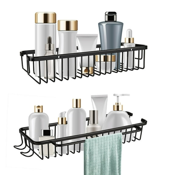 Set of 2 Bathroom Organizer Shelf, Rustproof Wall Mount Storage Rack for Kitchen Bathroom, Black