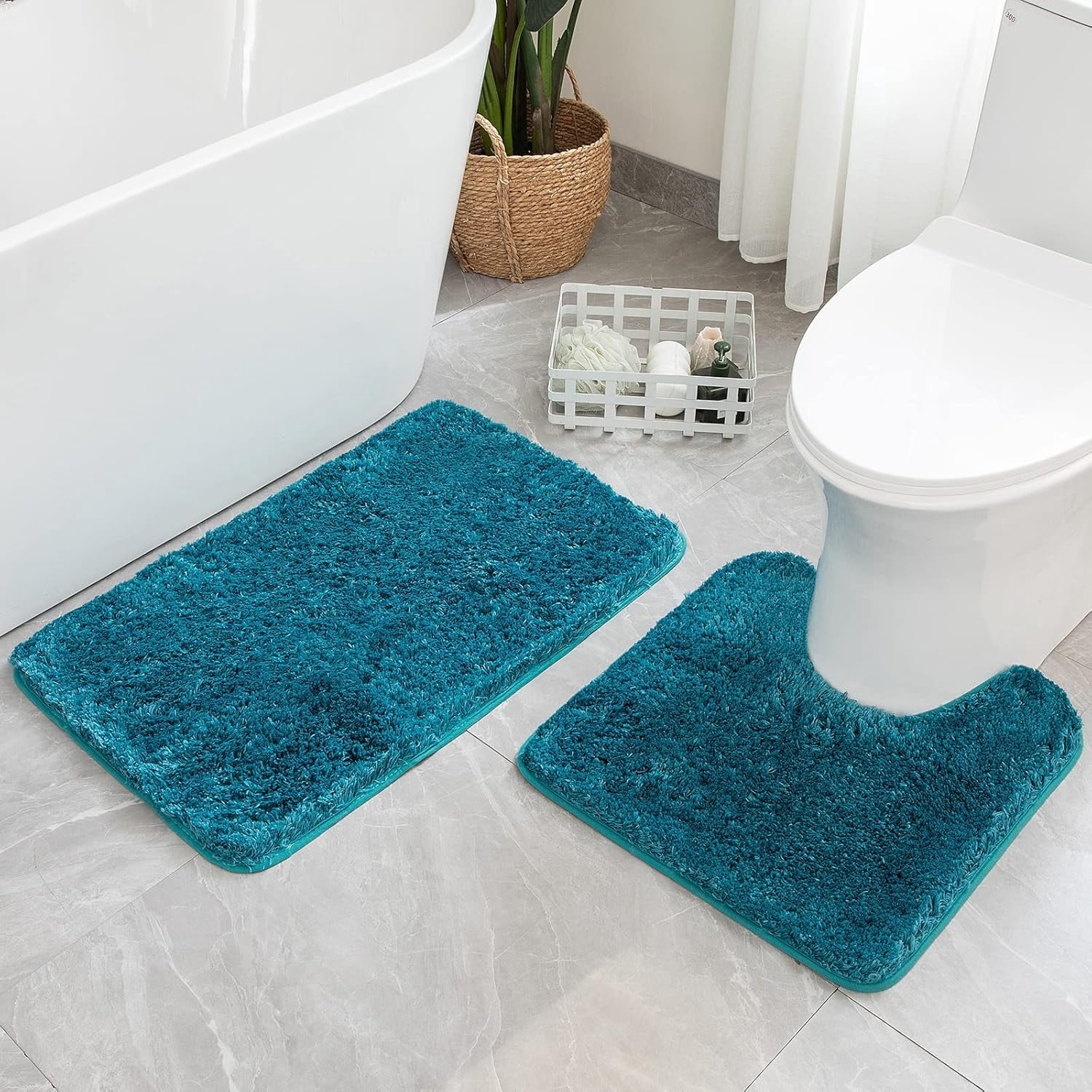 Set of 2 Bathroom mats and Toilet Rugs, 16''x24''+16''x24''+20''x20''(U-Shaped), Non Slip Soft Rugs for Bath Tub Shower, Teal
