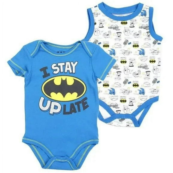 Set of 2 Batman Bodysuits Blue Yellow Creepers 0-3 & 6-9 Months DC Comics